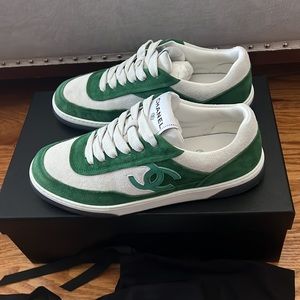 New (worn once) Chanel Skater Sneakers Green & White 38. Includes box & dustbags